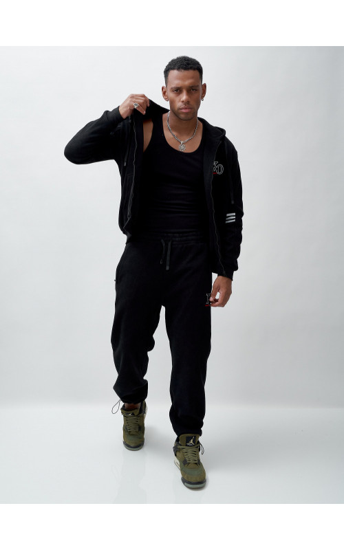 Мужской демисезонный спортивный костюм на флисе, чёрный, для спорта. в Тюмени