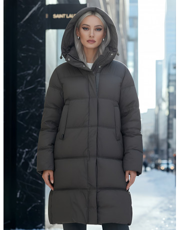 Длинный женский пуховик с капюшоном для зимы.