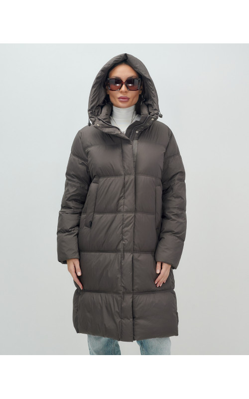 Длинный женский пуховик с капюшоном для зимы.