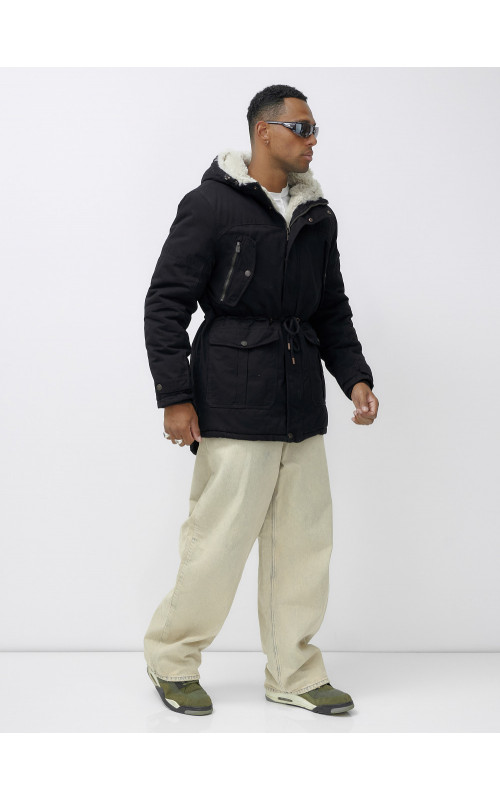 Мужская зимняя удлиненная парка с мехом, чёрная, для активного отдыха в Тюмени
