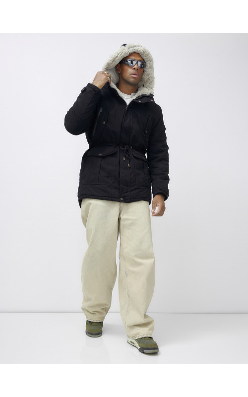 Мужская зимняя удлиненная парка с мехом, чёрная, для активного отдыха в Тюмени