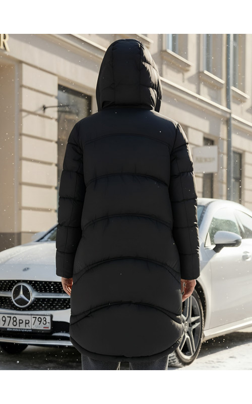 Длинный зимний пуховик с капюшоном для женщин