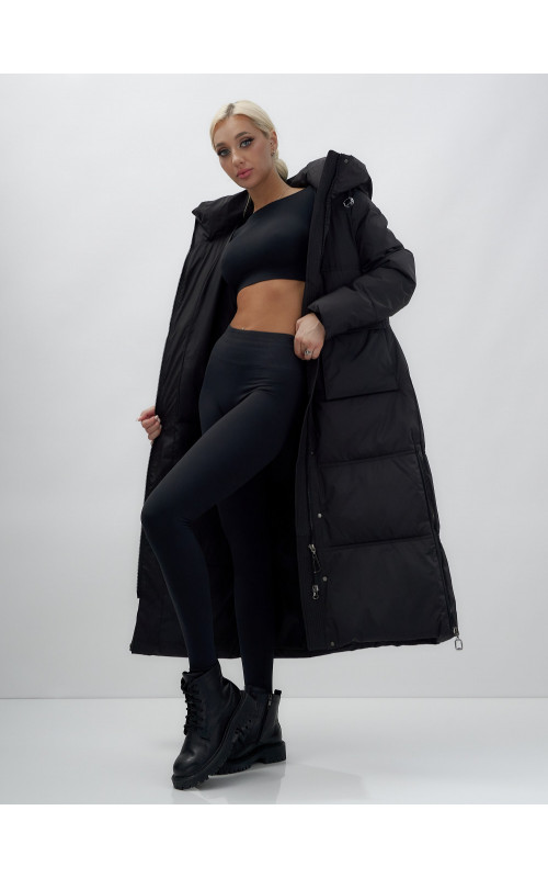 Длинный зимний пуховик с капюшоном для женщин