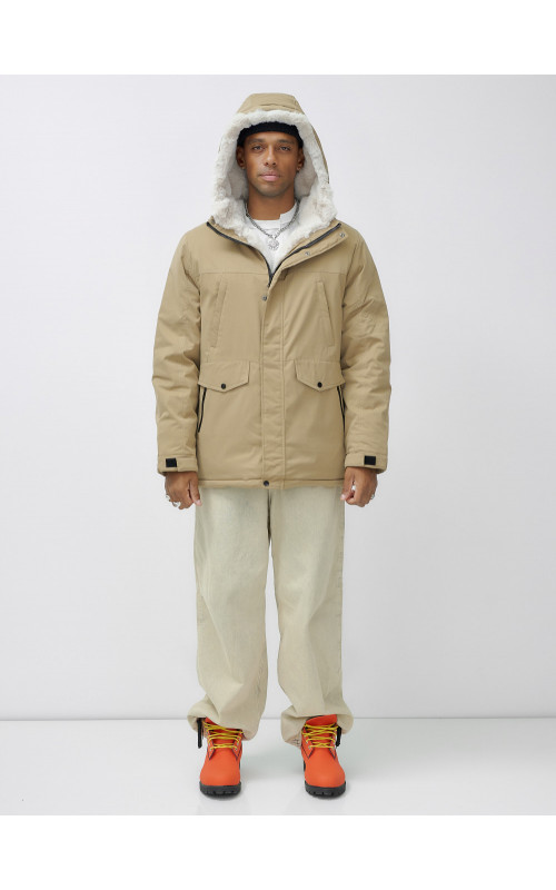 Мужская зимняя удлиненная парка с мехом горчичного оттенка. в Тюмени