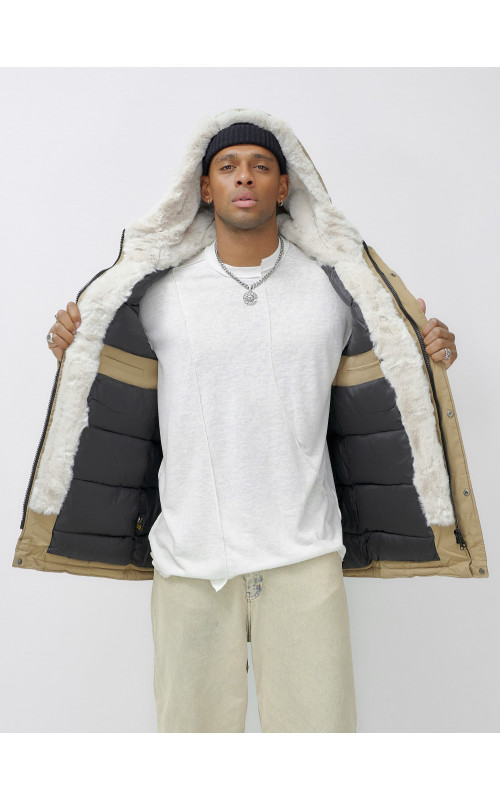 Мужская зимняя удлиненная парка с мехом горчичного оттенка. в Тюмени