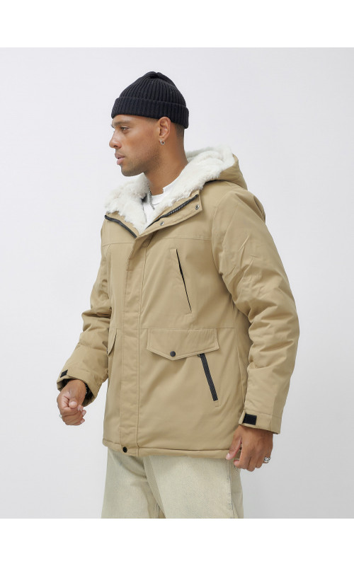 Мужская зимняя удлиненная парка с мехом горчичного оттенка. в Тюмени