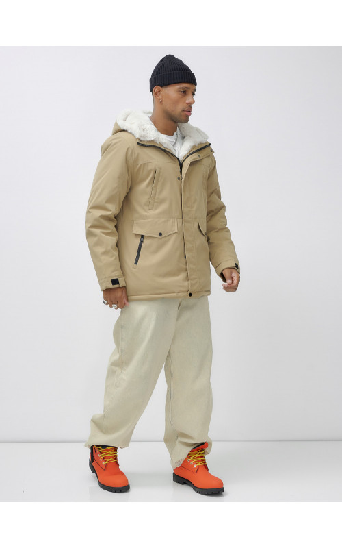 Мужская зимняя удлиненная парка с мехом горчичного оттенка. в Тюмени