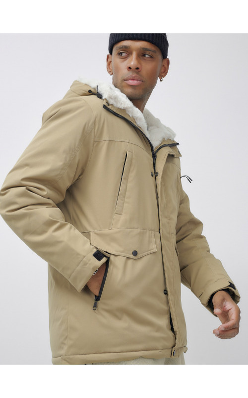 Мужская зимняя удлиненная парка с мехом горчичного оттенка. в Тюмени