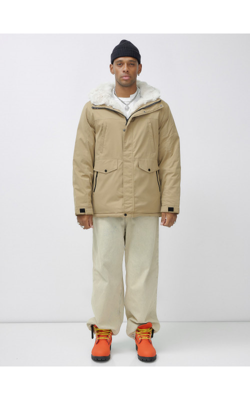 Мужская зимняя удлиненная парка с мехом горчичного оттенка. в Тюмени