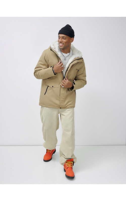 Мужская зимняя удлиненная парка с мехом горчичного оттенка. в Тюмени