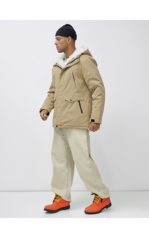 Мужская зимняя удлиненная парка с мехом горчичного оттенка. в Тюмени