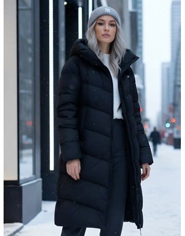Длинный женский пуховик с капюшоном для зимы