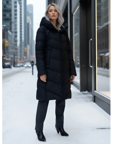 Длинный женский пуховик с капюшоном для зимы
