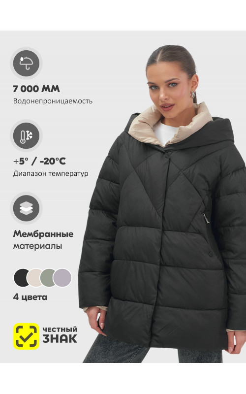 Пуховик женский зимний с капюшоном большого размера, чёрный. в Тюмени