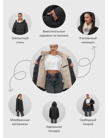 Утеплённый женский пуховик большого размера с капюшоном.