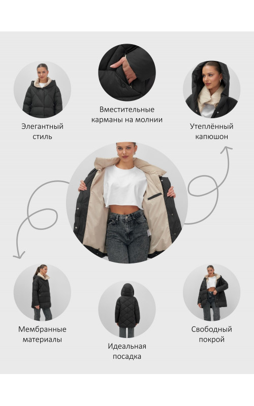 Пуховик женский зимний с капюшоном большого размера, чёрный. в Тюмени
