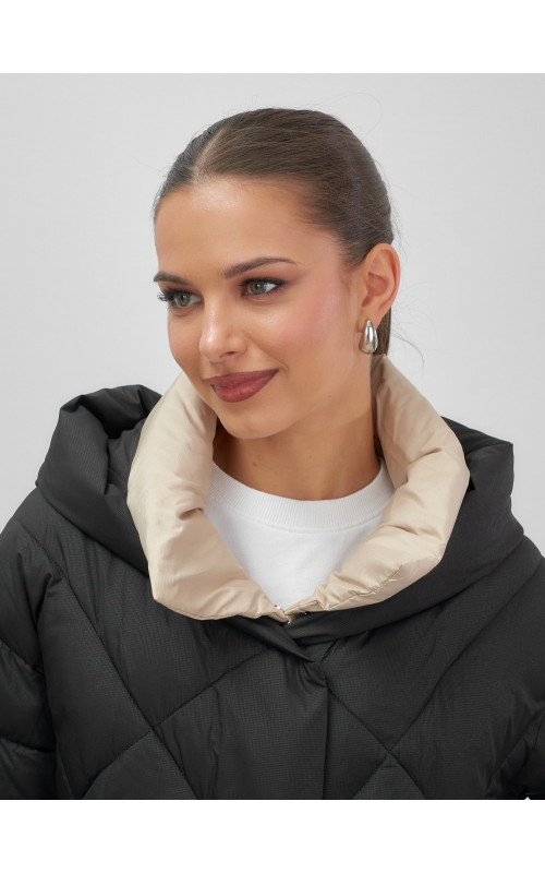 Пуховик женский зимний с капюшоном большого размера, чёрный. в Тюмени