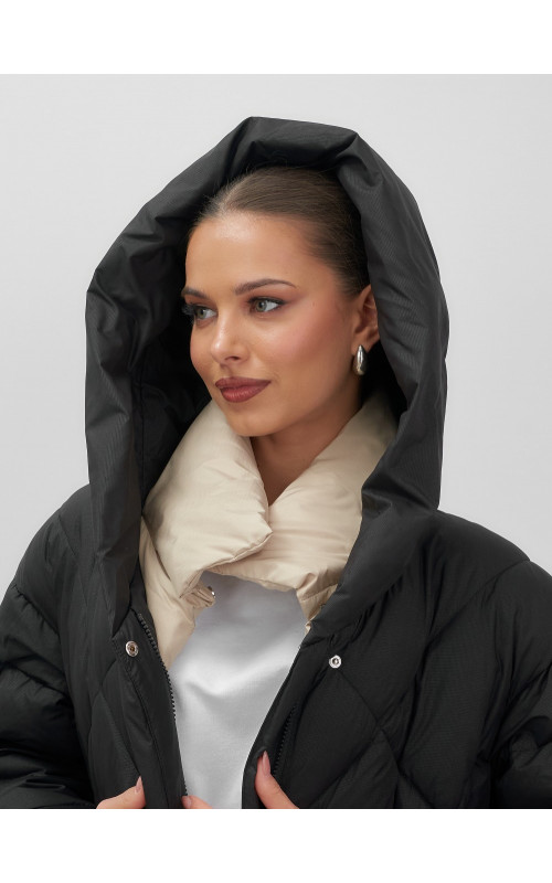 Пуховик женский зимний с капюшоном большого размера, чёрный. в Тюмени