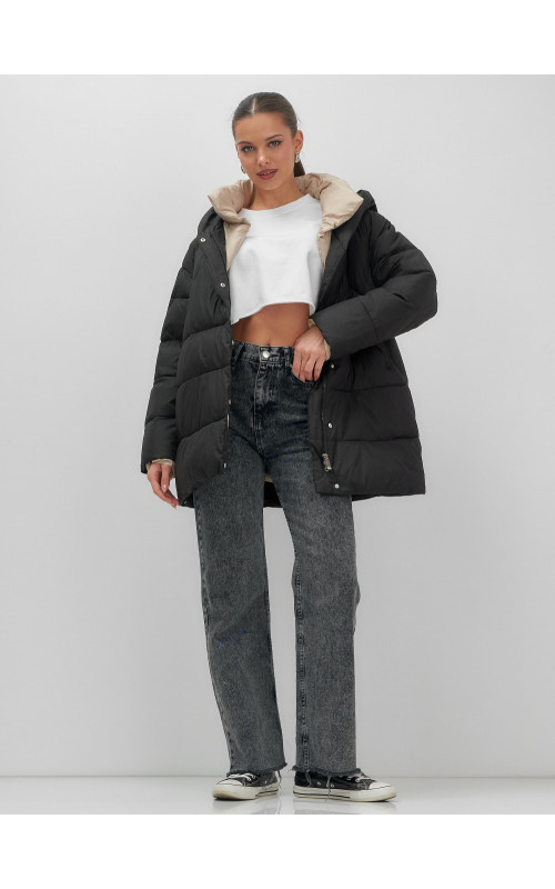 Пуховик женский зимний с капюшоном большого размера, чёрный. в Тюмени