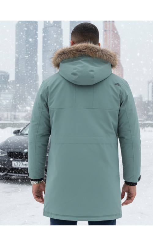 Мужская зимняя парка с капюшоном и мехом енот, зелёный, для активного отдыха в Тюмени