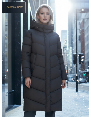 Женский длинный пуховик с капюшоном для зимы