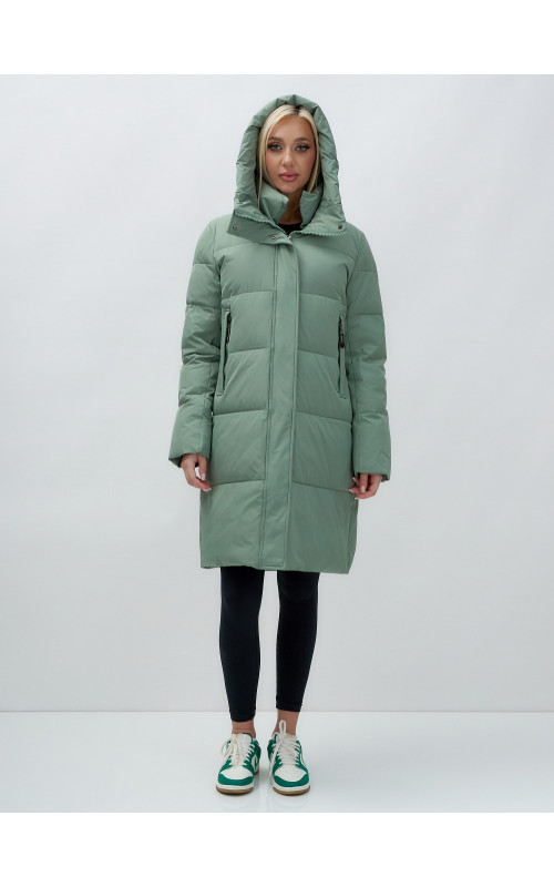 Женский зимний пуховик с капюшоном удлинённый зелёный в Тюмени