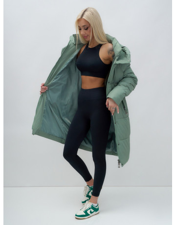 Женский зимний пуховик с капюшоном удлинённый зелёный в Тюмени