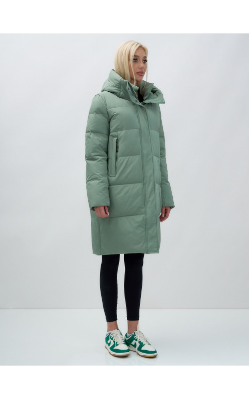 Женский зимний пуховик с капюшоном удлинённый зелёный в Тюмени