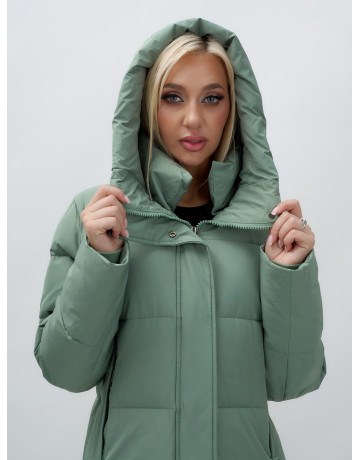 Женский зимний пуховик с капюшоном удлинённый зелёный в Тюмени