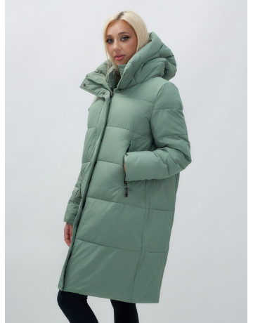 Женский зимний пуховик с капюшоном удлинённый зелёный в Тюмени