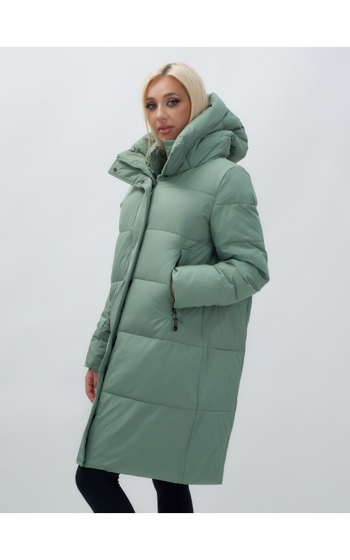 Женский зимний пуховик с капюшоном удлинённый зелёный в Тюмени