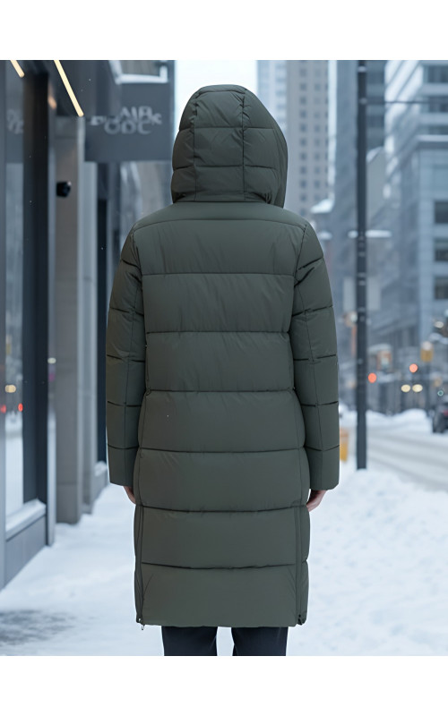 Длинный женский пуховик с капюшоном для холодной погоды