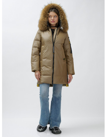 Пуховик женский зимний с мехом енот премиум коричневый в Тюмени
