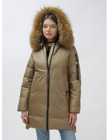 Пуховик женский зимний с мехом енот премиум коричневый в Тюмени