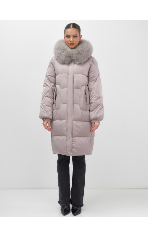 Длинный зимний пуховик с мехом песца.