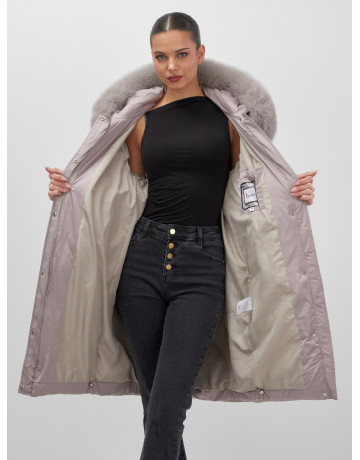 Длинный зимний пуховик с мехом песца.