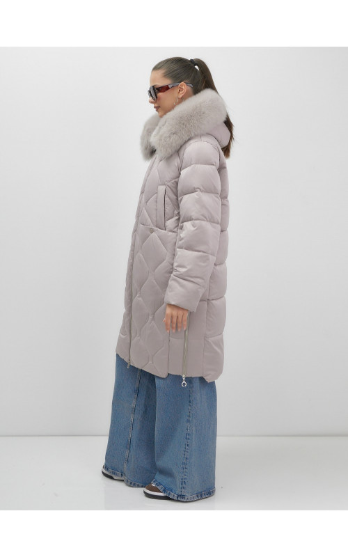 Длинный зимний пуховик с мехом песца.