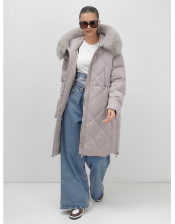 Длинный зимний пуховик с мехом песца.