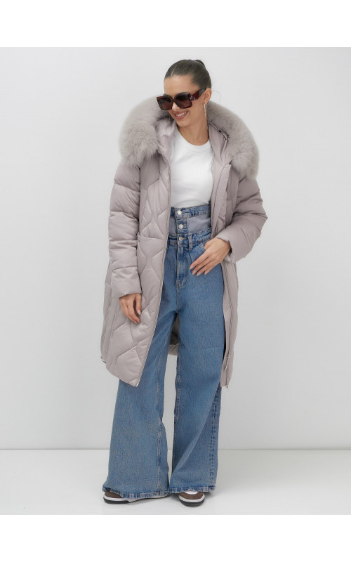 Длинный зимний пуховик с мехом песца.