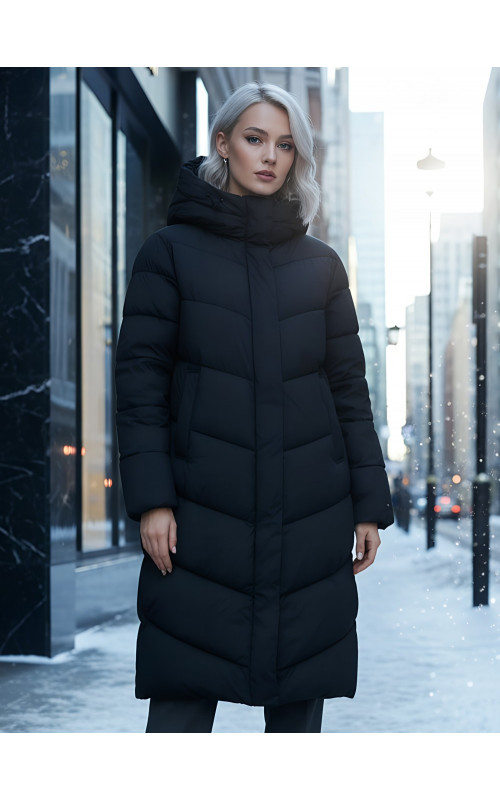 Длинный женский пуховик с капюшоном для зимы