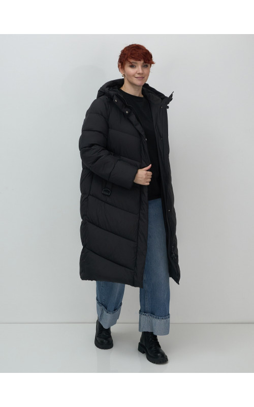 Длинный женский пуховик с капюшоном для зимы