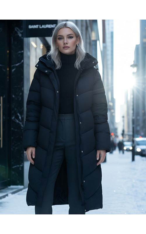 Длинный женский пуховик с капюшоном для зимы