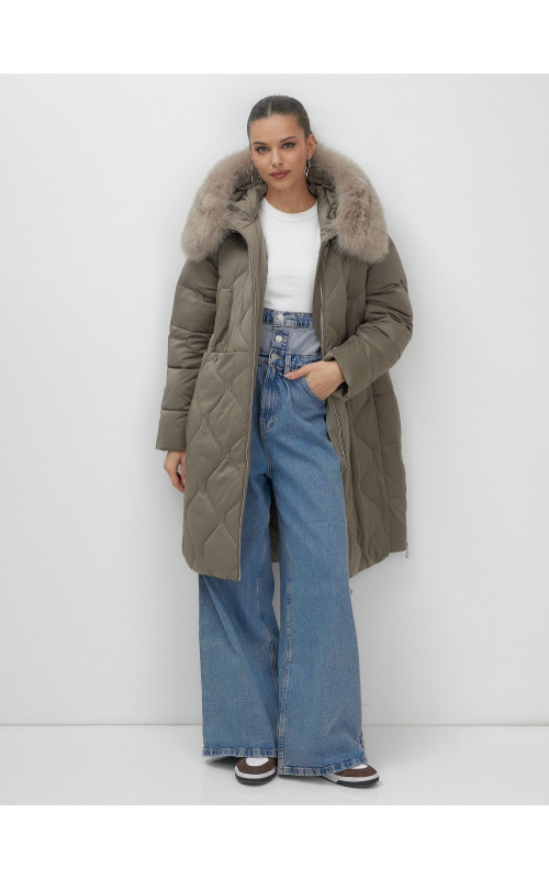 Длинный зимний пуховик с мехом песца.