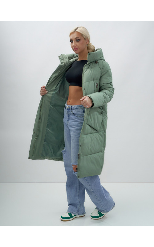 Длинный женский пуховик с капюшоном