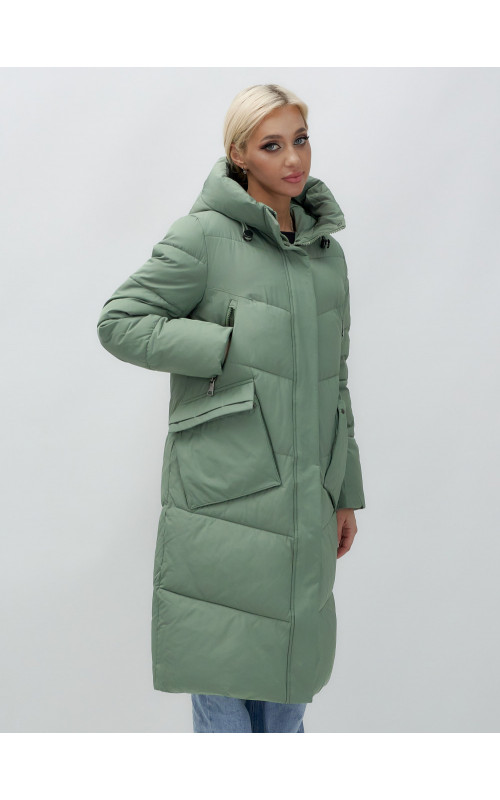 Длинный женский пуховик с капюшоном
