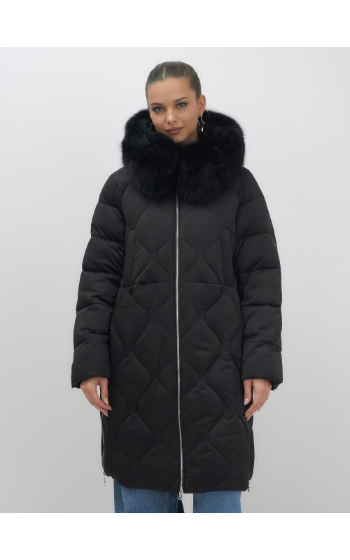 Длинный зимний пуховик с мехом песца.