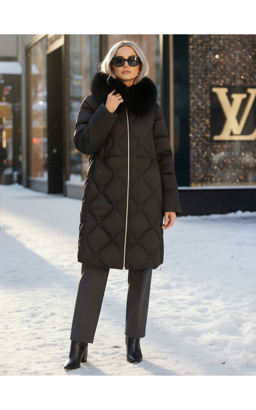 Длинный зимний пуховик с мехом песца.