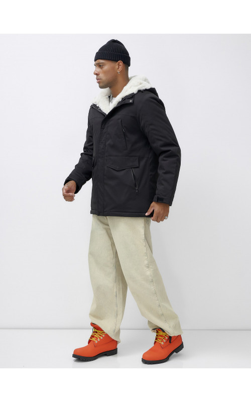 Мужская зимняя удлиненная парка с мехом, чёрная в Тюмени