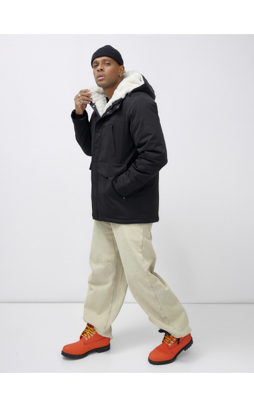 Мужская зимняя удлиненная парка с мехом, чёрная в Тюмени