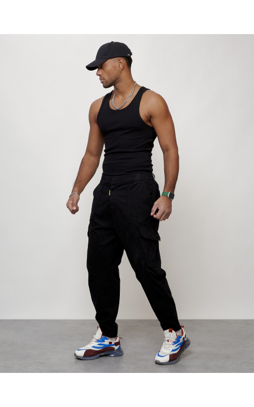 Мужские брюки карго с накладными карманами, чёрные в Тюмени